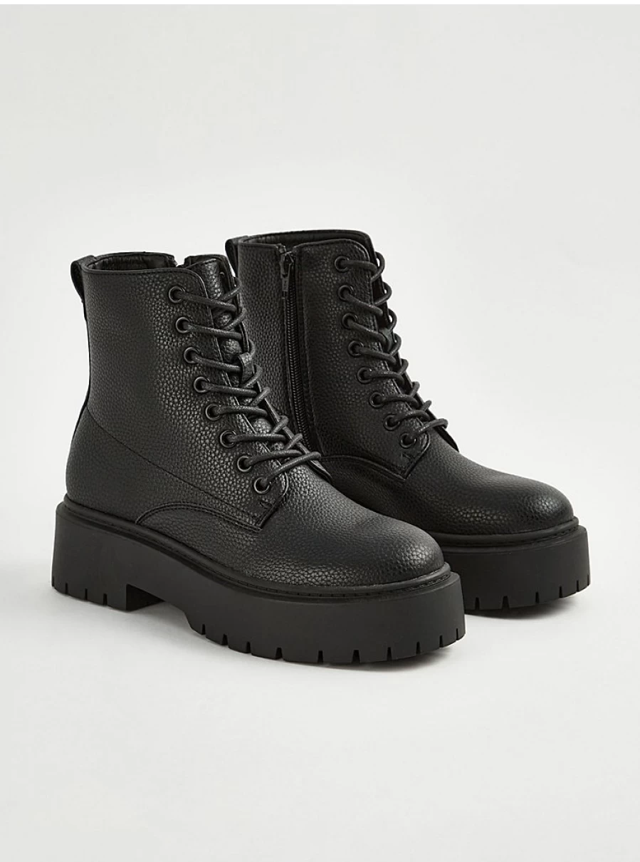 Women's Black Textured Leather Lace-Up Boots | George at Asda | Comfort & Style