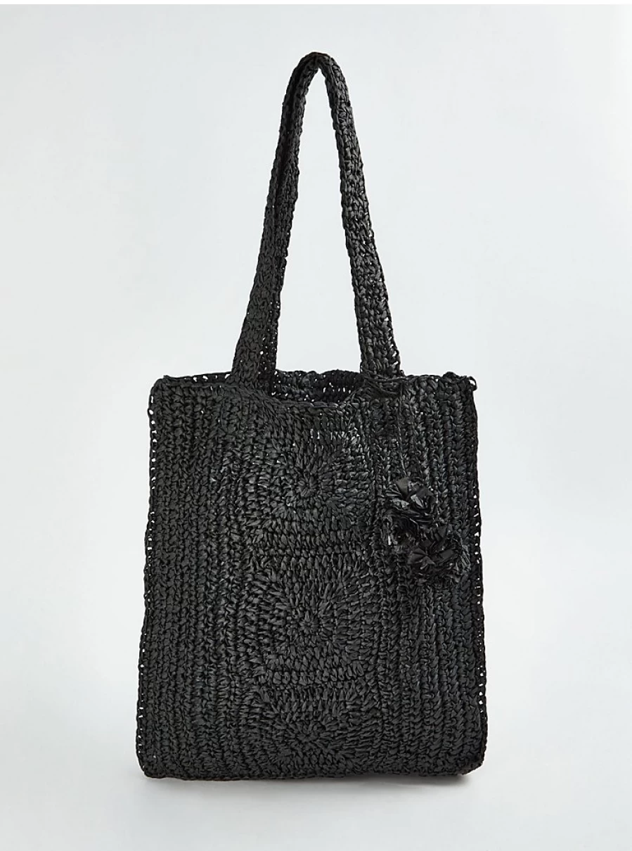 "George at Asda Women's Black Crochet Straw Bag with Pom Pom Detail – Stylish Summer Beach Tote"