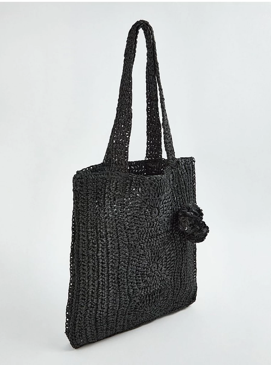 "George at Asda Women's Black Crochet Straw Bag with Pom Pom Detail – Stylish Summer Beach Tote"