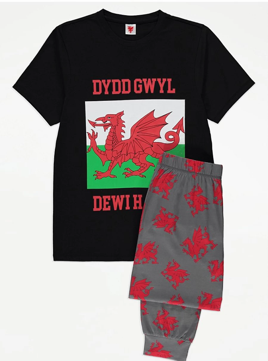 "George at Asda Men's Black Wales-Themed Matching Family Pyjamas – Comfortable Sleepwear Set"