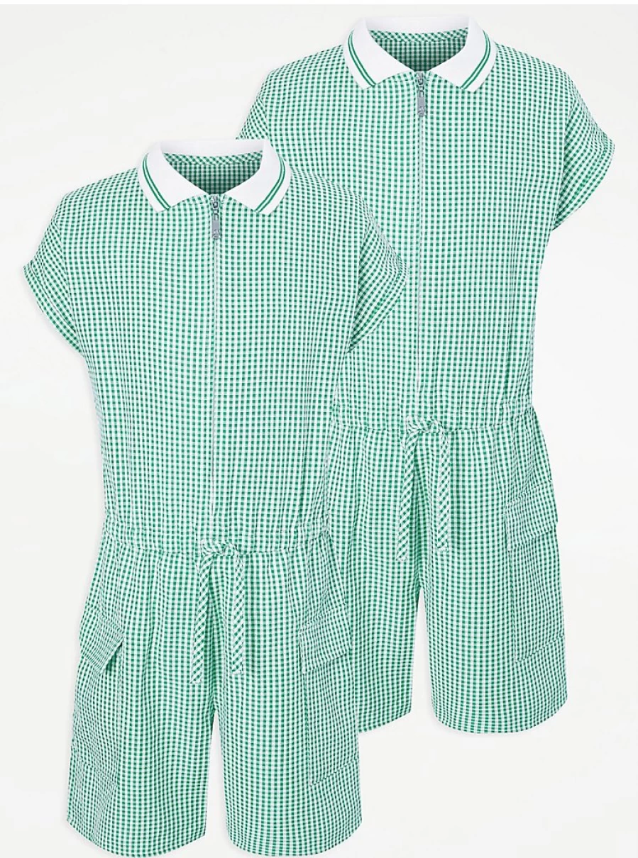 "George at Asda Girls' 2-Pack Green Gingham Sporty School Playsuits | Comfortable & Stylish Uniform Outfits"