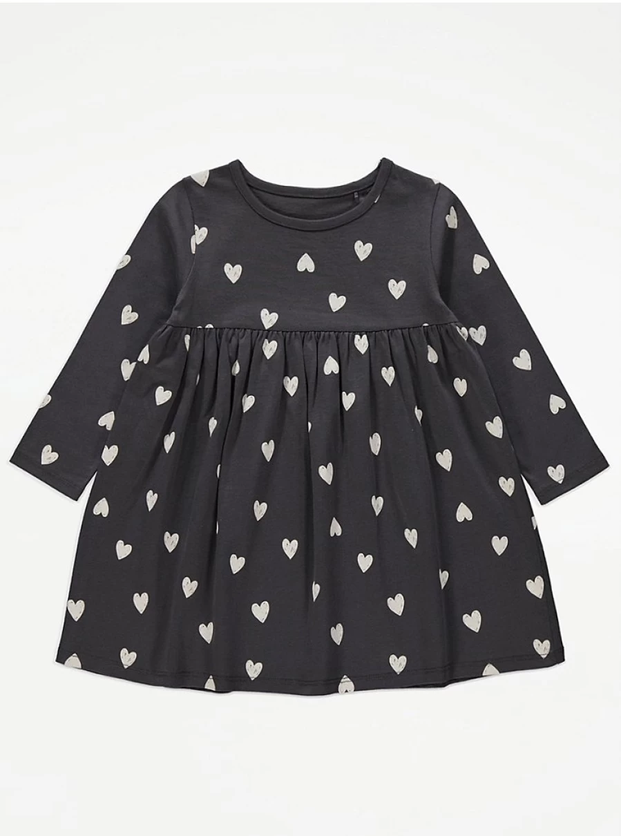 "George at Asda Girls' Charcoal Heart Print Long Sleeve Jersey Dress Reviews"