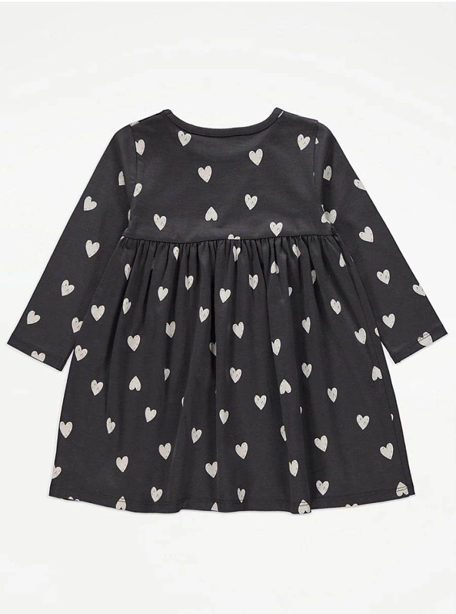 "George at Asda Girls' Charcoal Heart Print Long Sleeve Jersey Dress Reviews"