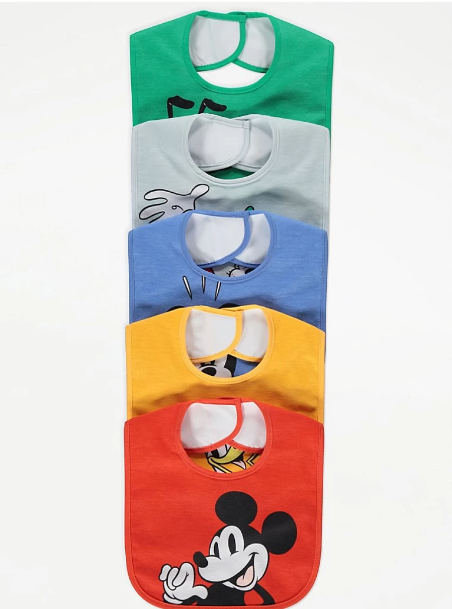 Disney Mickey Mouse Baby Bibs 5-Pack | Soft Absorbent Feeding Bibs for Infants | George at Asda