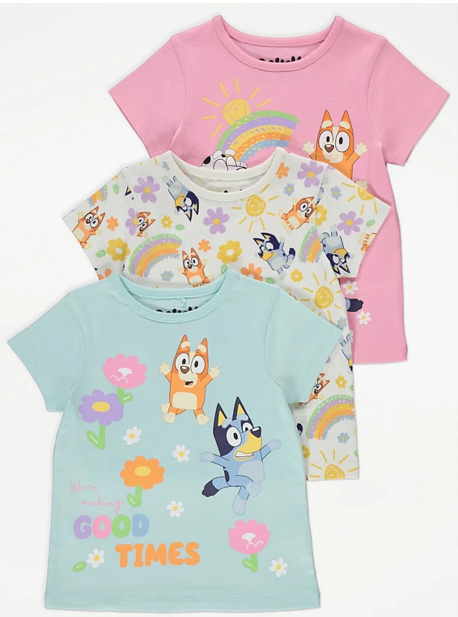 "George at Asda Girls' Bluey Rainbow Sunshine T-Shirts 3-Pack | Kids Cartoon Character Tees"