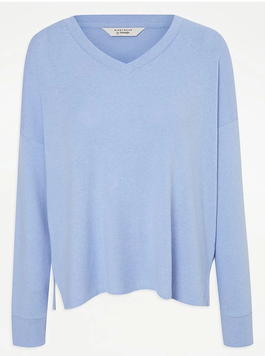 "George at Asda Blue Brushed Snit Long Sleeve Pyjama Top | Women's Comfortable Sleepwear & Loungewear"
