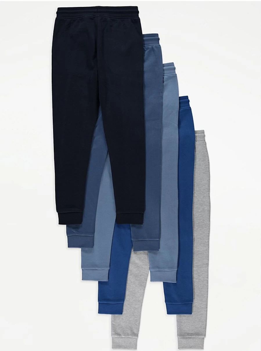 "George at Asda Boys' Blue Plain Joggers 5-Pack | Comfortable Kids' Trousers"
