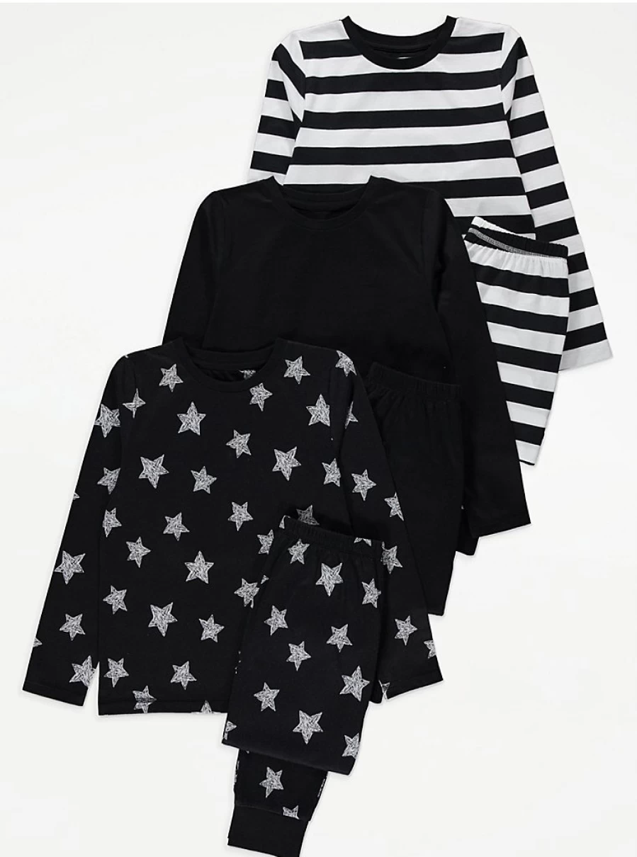 Boys' Black Star and Stripe Long Sleeve Pyjamas 3-Pack | George at Asda