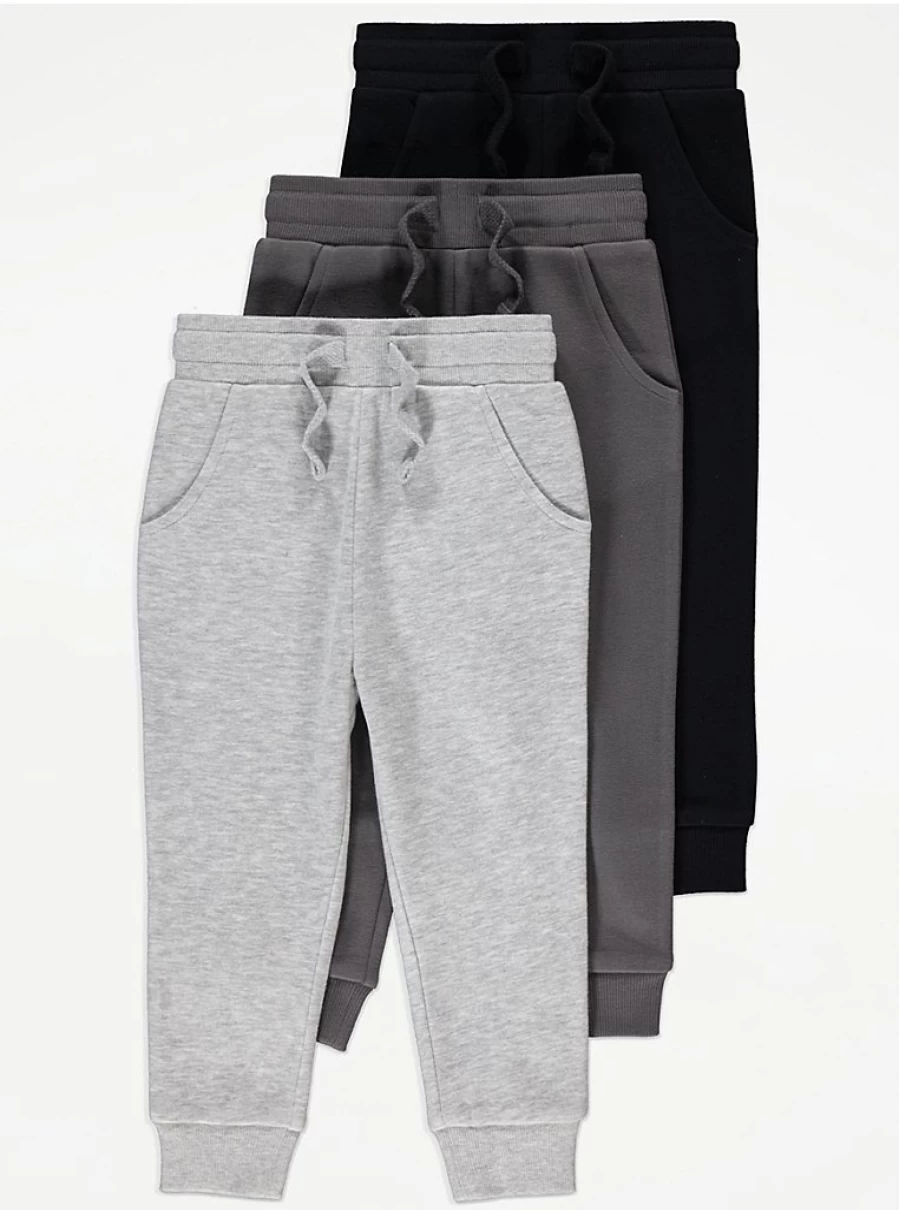 "George at Asda Boys' Grey Plain Joggers 3-Pack - Comfortable Cuffed Kids' Trousers"