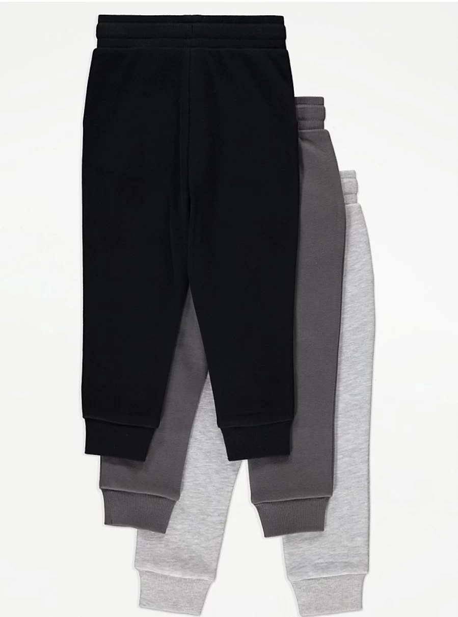 "George at Asda Boys' Grey Plain Joggers 3-Pack - Comfortable Cuffed Kids' Trousers"