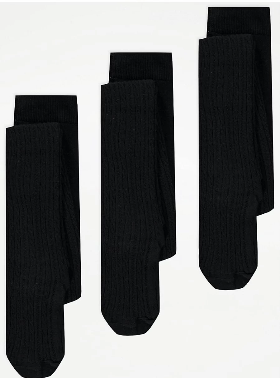 "George at Asda Black Cable Knit Tights 3-Pack for Kids | Warm & Stretchy Winter Tights"