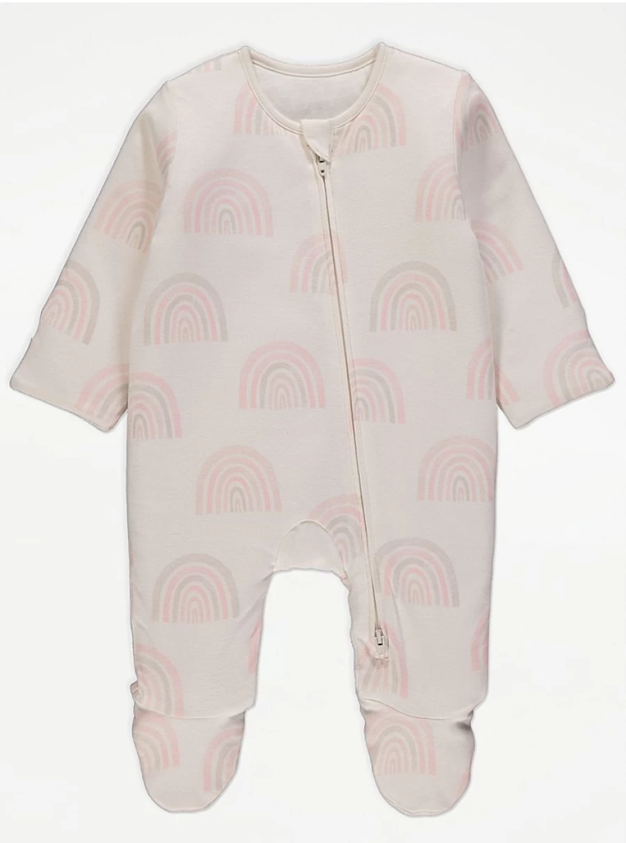 "George at Asda Baby Light Pink Rainbow Wadded 2-Way Zip Sleepsuit 2.5 Tog - Cozy Winter Pajamas"