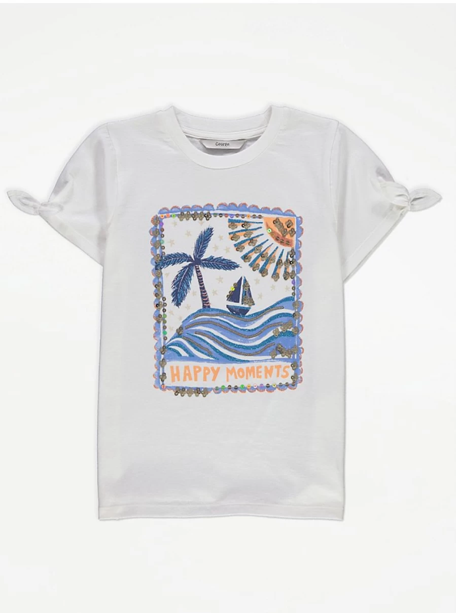 "George at Asda Kids White Sequin Island Boat T-Shirt | Comfortable & Stylish Children's Top"