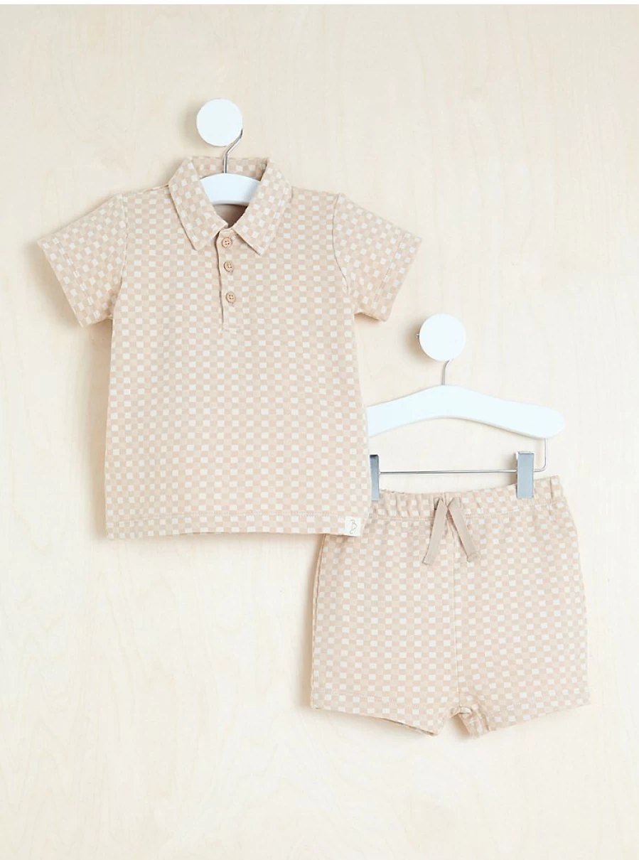 "George at Asda Boys' Camel Checked Polo Top and Shorts Outfit – Billie Faiers Collection"