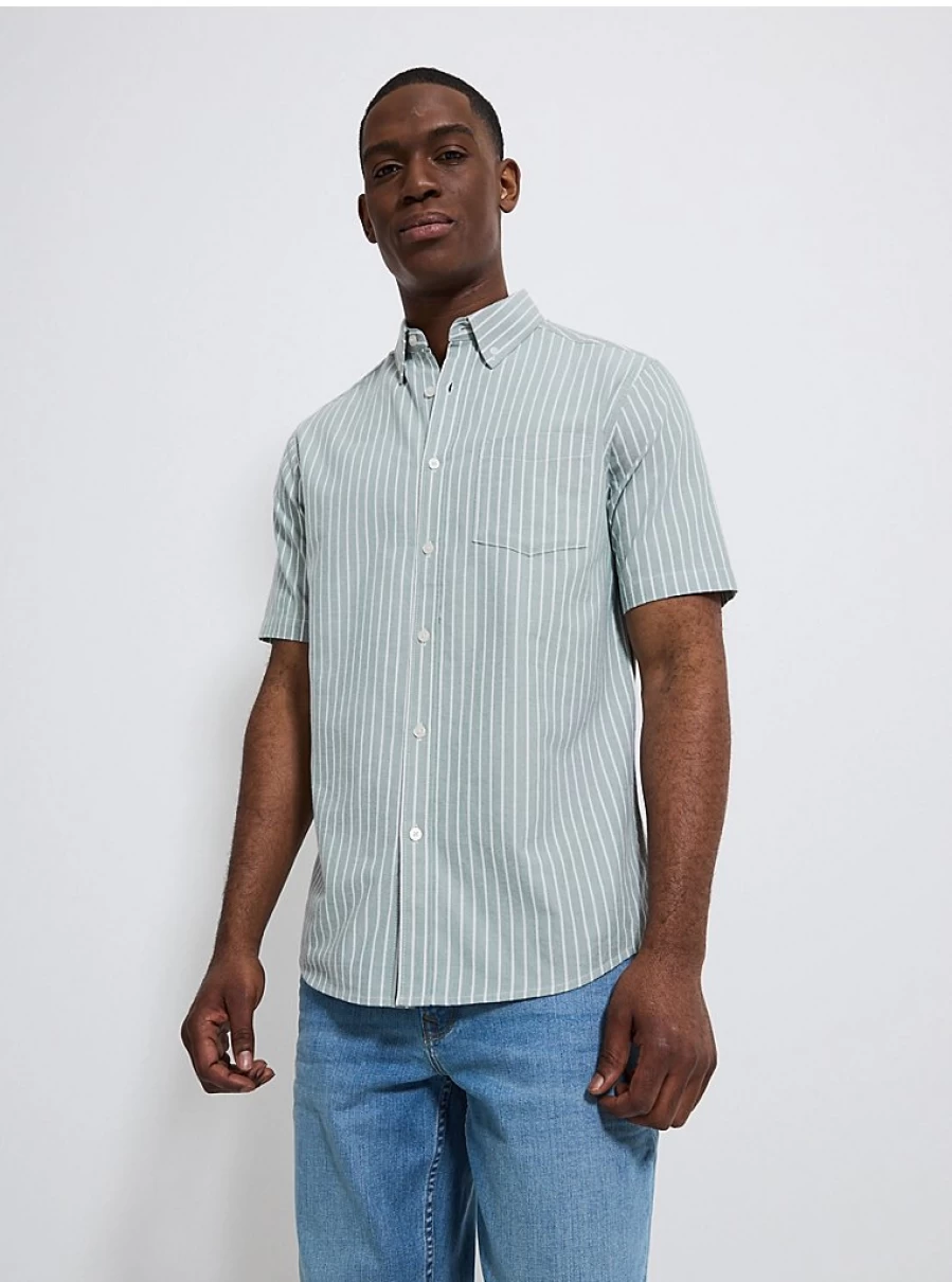 Men's Sage Green Striped Regular Fit Oxford Shirt - Short Sleeve Casual Top | George at Asda