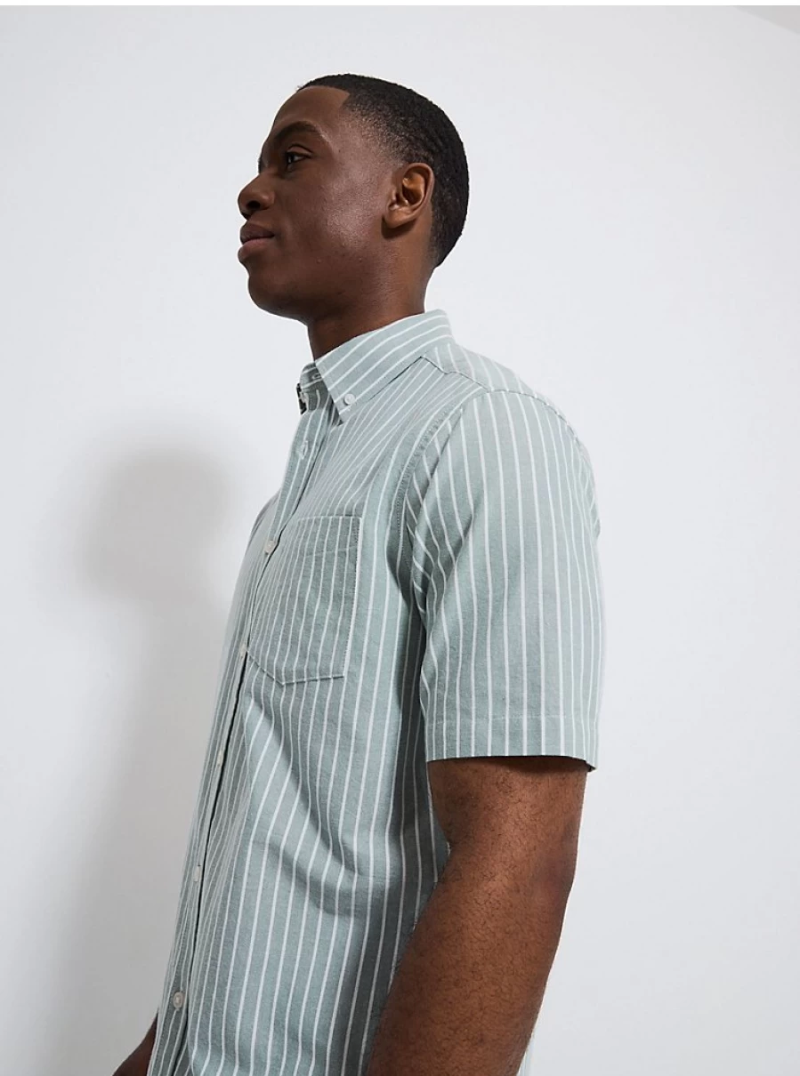 Men's Sage Green Striped Regular Fit Oxford Shirt - Short Sleeve Casual Top | George at Asda