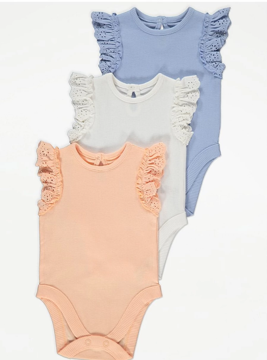 George at Asda Baby Embroidered Frill Sleeve Rib Bodysuits 3-Pack - Soft & Stylish Outfits