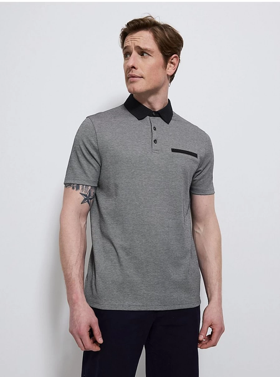 Men's Grey Ribbed Collar Short Sleeve Polo Shirt | George at Asda