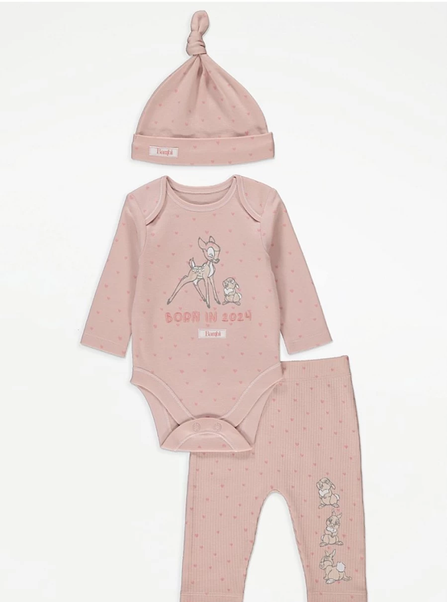 "George at Asda Baby Disney Bambi 2024 Bodysuit Leggings & Hat Outfit Set"