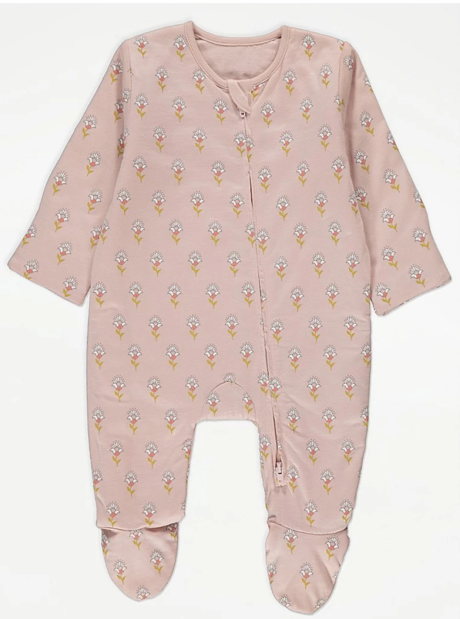 "George at Asda Baby Pink Floral 1 Tog Zip-Up Wadded Sleepsuit | Warm Infant Pajamas"