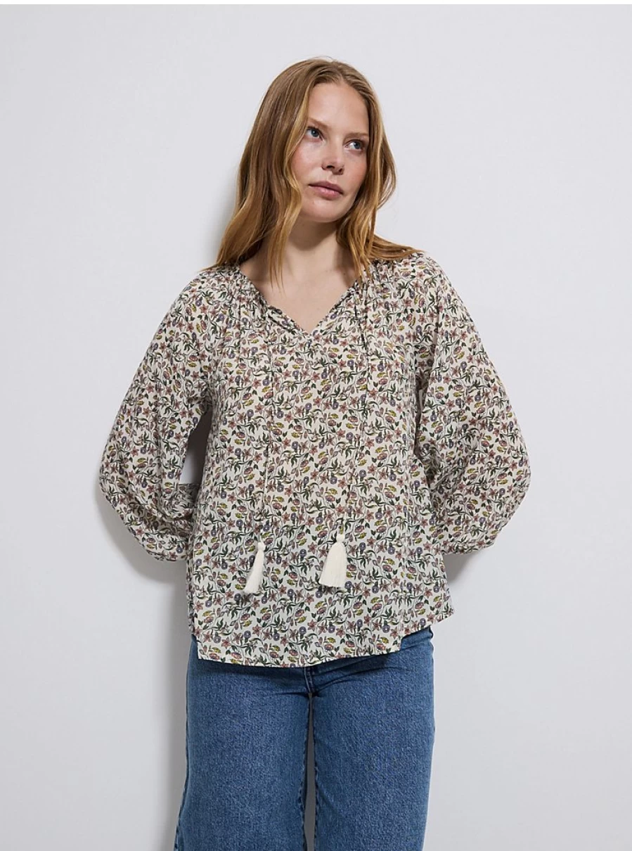 "George at Asda Women's Cream Floral Blouse with Tassel Tie Neck and Long Sleeves"