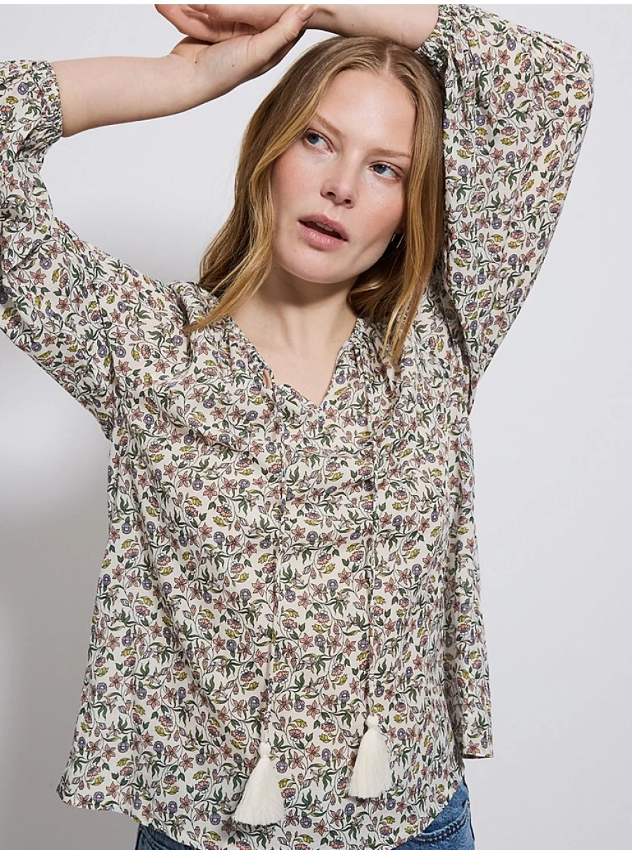 "George at Asda Women's Cream Floral Blouse with Tassel Tie Neck and Long Sleeves"