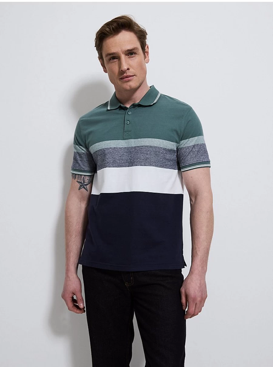 Men's Green Striped Short Sleeve Polo Shirt | George at Asda