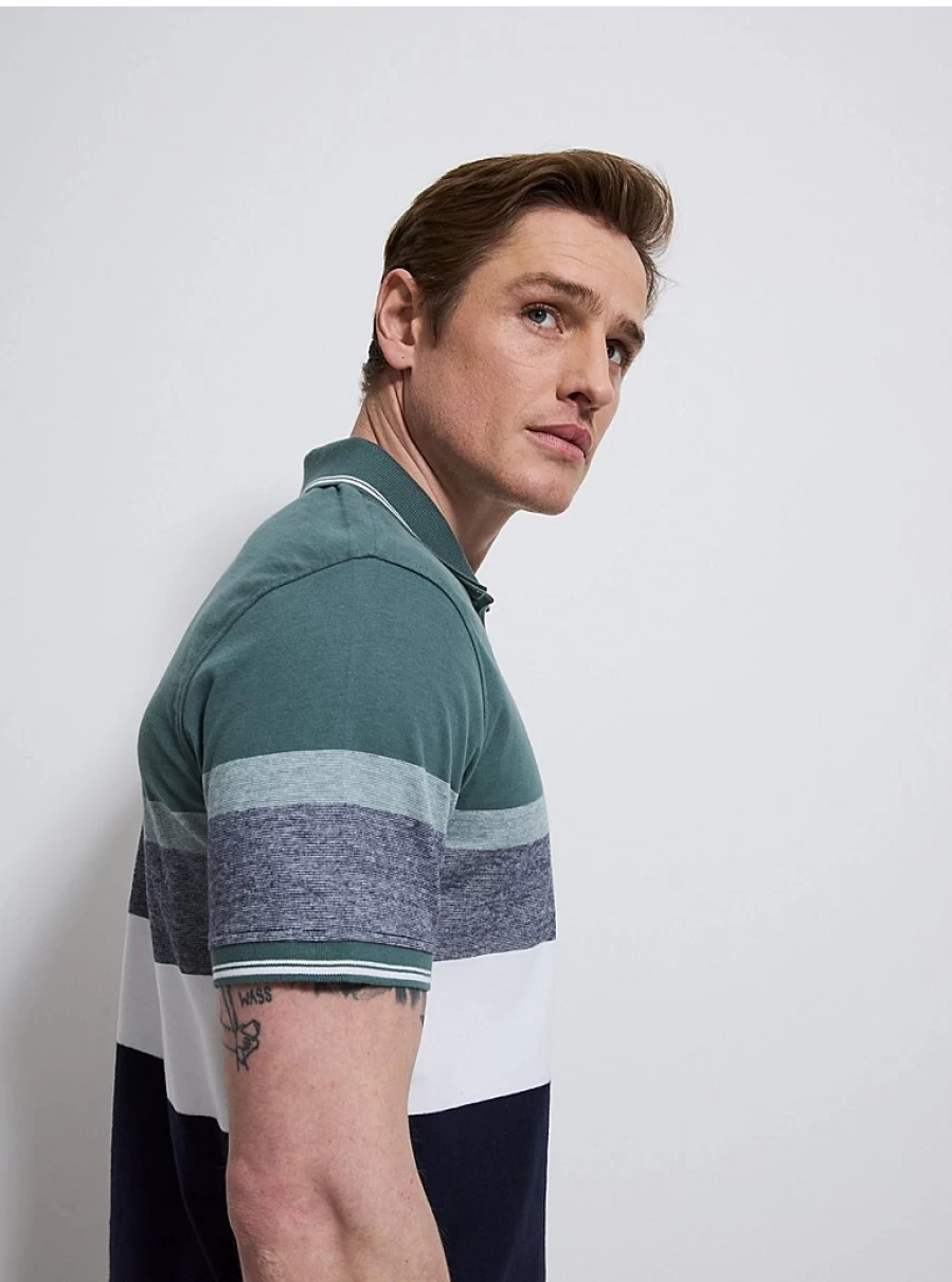 Men's Green Striped Short Sleeve Polo Shirt | George at Asda