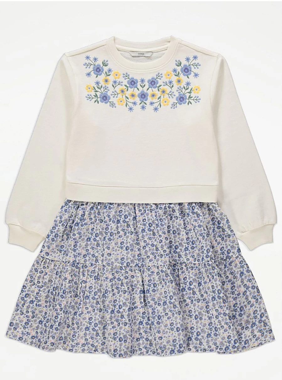 "George at Asda Girls Floral Embroidered Sweatshirt Dress - Cute & Comfortable Kids Outfit"