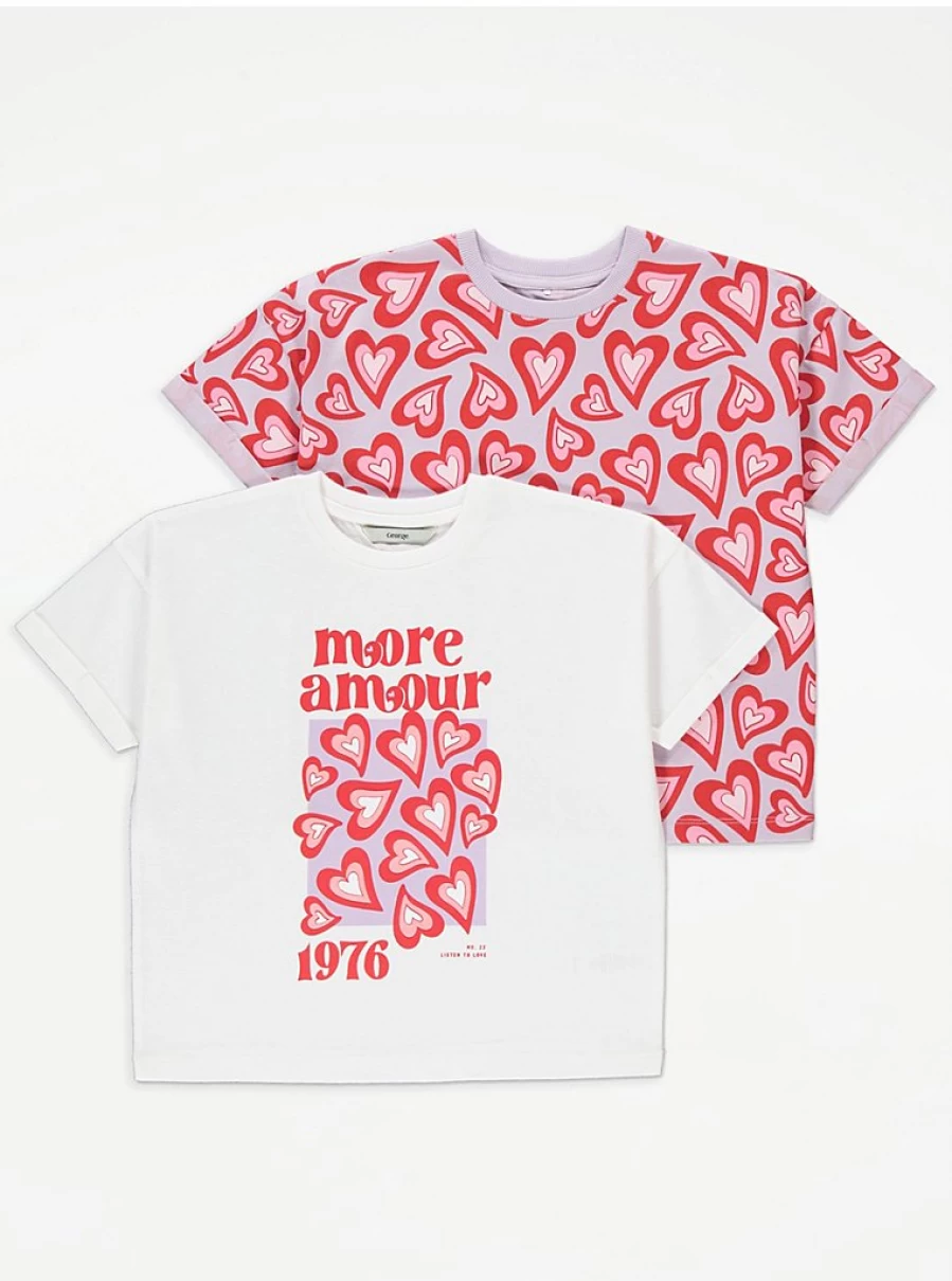 "George at Asda Girls' Love Heart More Amour 2-Pack T-Shirts | Cute Kids' Graphic Tees"