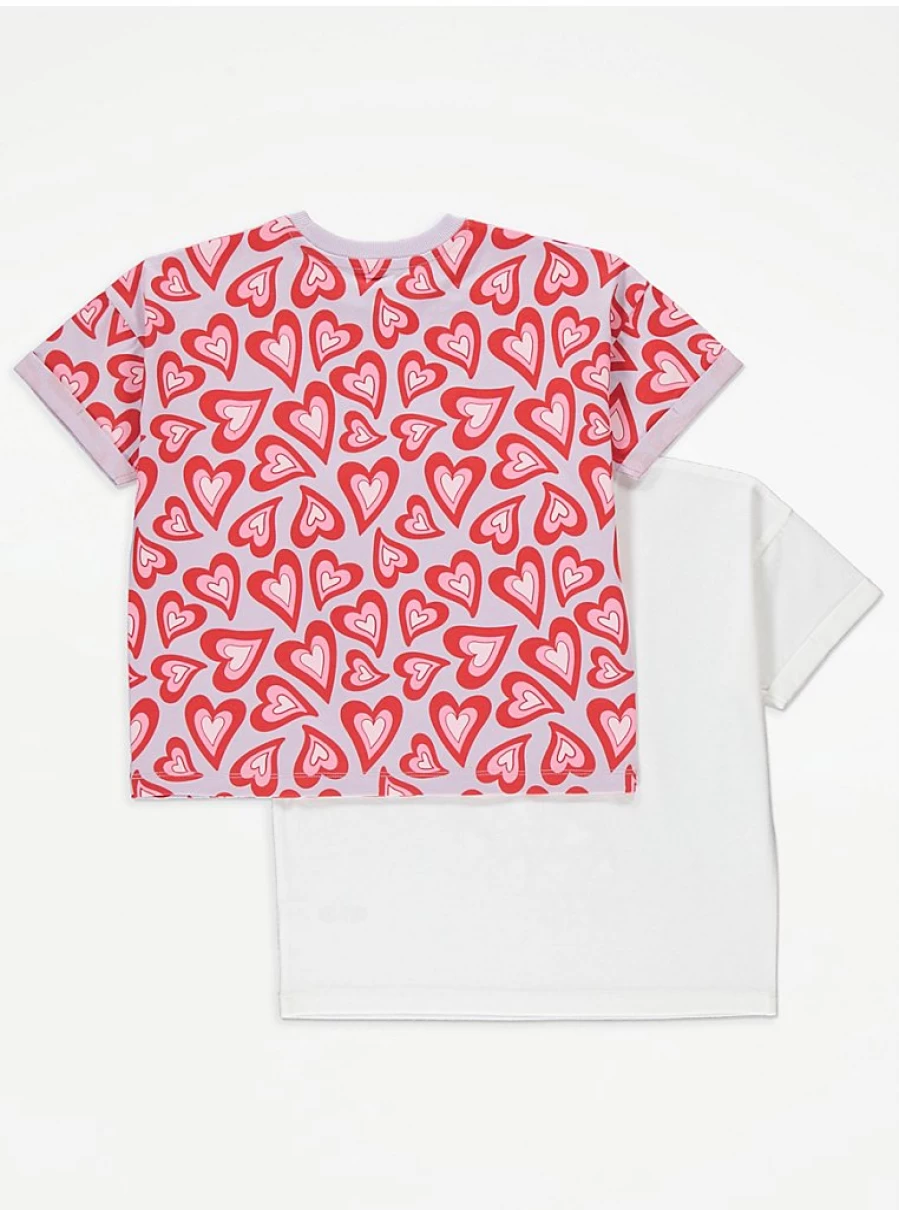 "George at Asda Girls' Love Heart More Amour 2-Pack T-Shirts | Cute Kids' Graphic Tees"