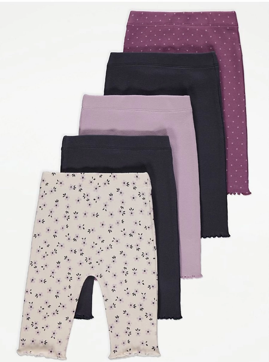 "George at Asda Baby Girls' 5-Pack Assorted Floral & Spot Frill Leggings"