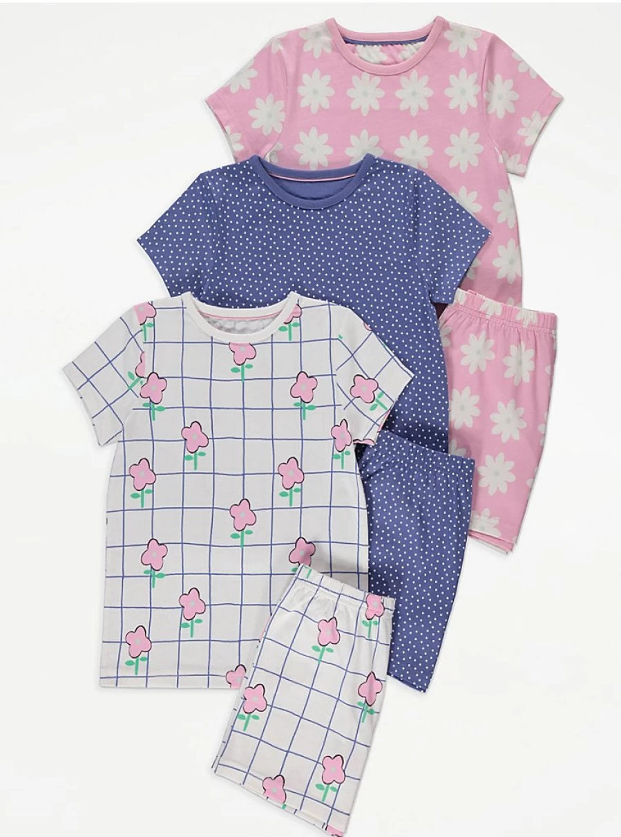 Girls' Pink Floral Grid Short Pyjamas 3-Pack | George at Asda Sleepwear for Kids