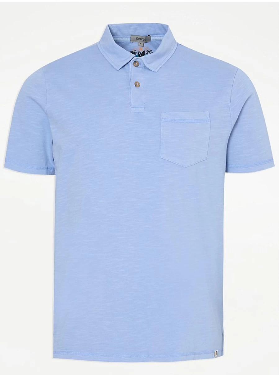 "George at Asda Men's Light Blue Slub Textured Henley Pocket Polo Shirt – Comfort & Style"