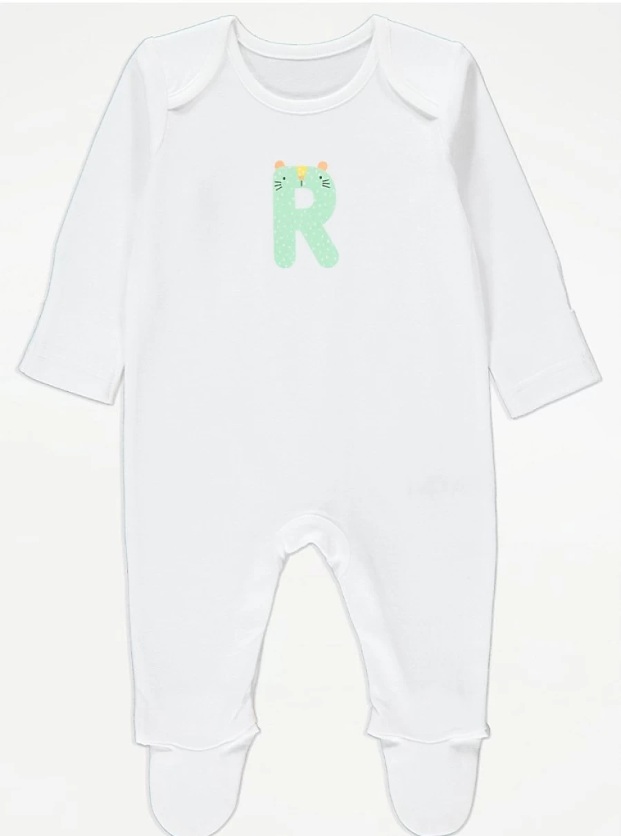 "George at Asda Baby White Animal Letter R Sleepsuit – Comfortable & Cute Sleepwear for Infants"