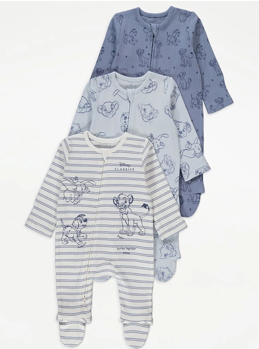 George at Asda Disney Baby Blue Character 2-Way Zip Ribbed Sleepsuits 3-Pack – Soft & Comfortable Pajama Set