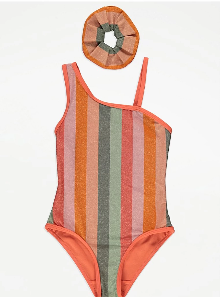 Girls' Striped Glitter Swimsuit with Matching Scrunchie | George at Asda