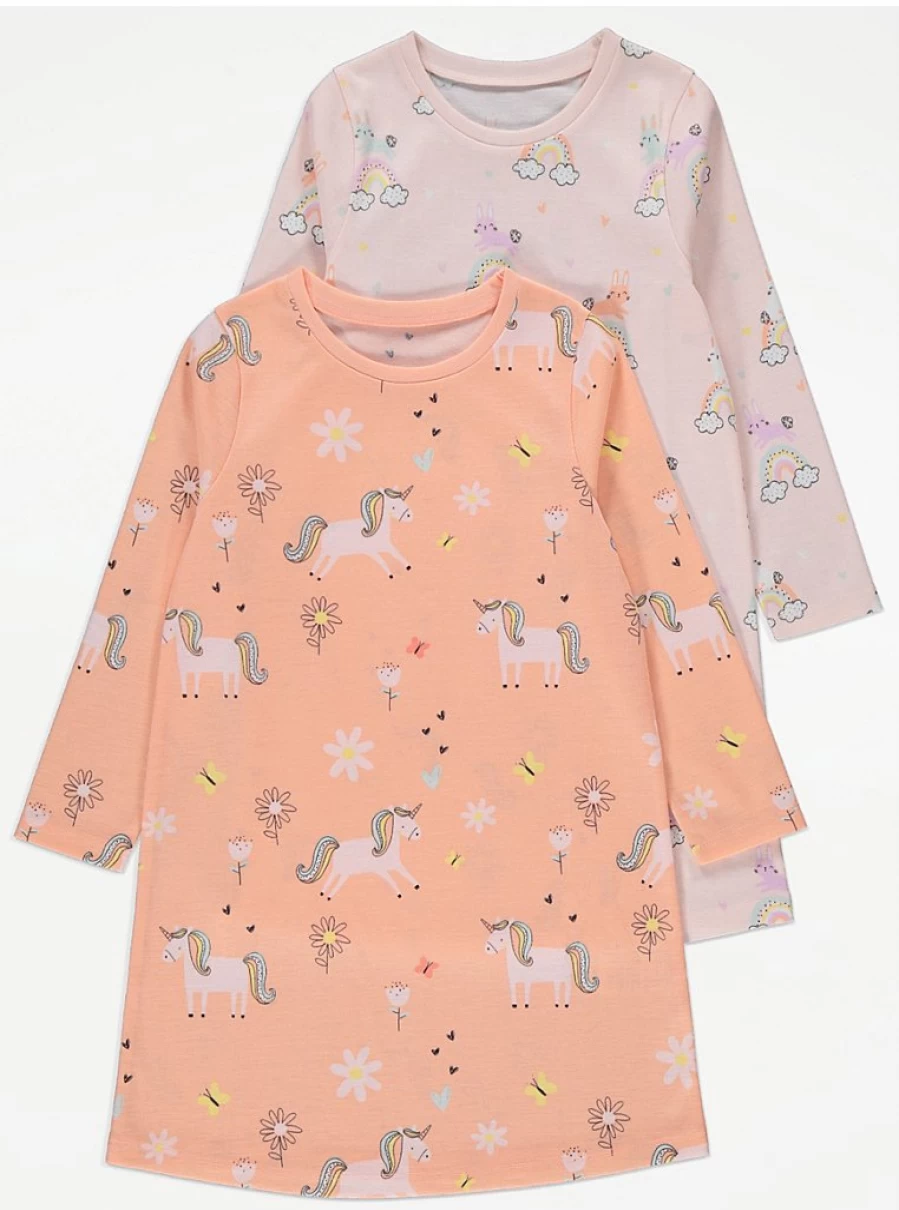 "George at Asda Kids' Unicorn Print Long Sleeve Nightdress 2-Pack | Comfortable Pajama Set"