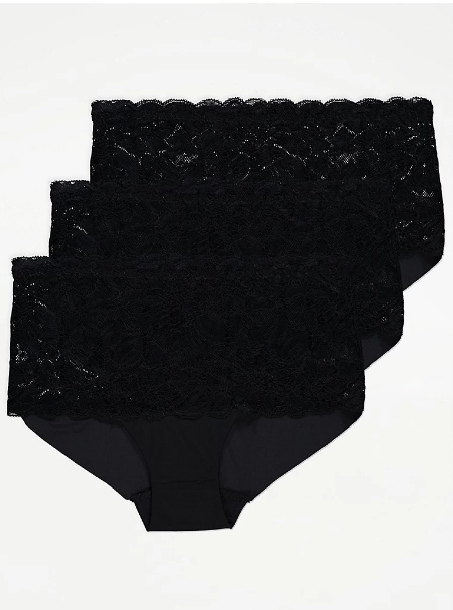 George at Asda Black Lace Midi Knickers 3-Pack - Women's Lingerie Set Comfortable & Stylish Underwear