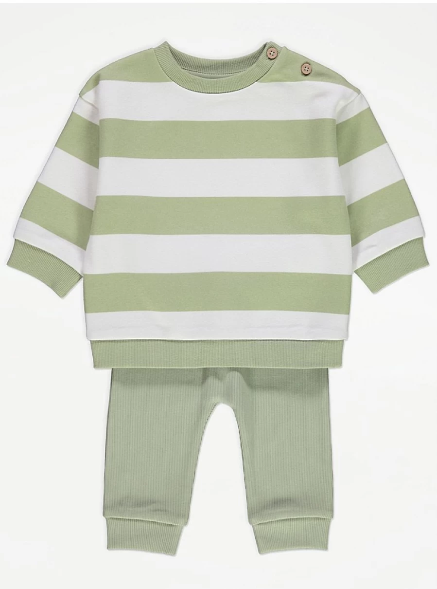 "Boys' Sage Green Striped Sweatshirt & Trousers Outfit Set | George at Asda"