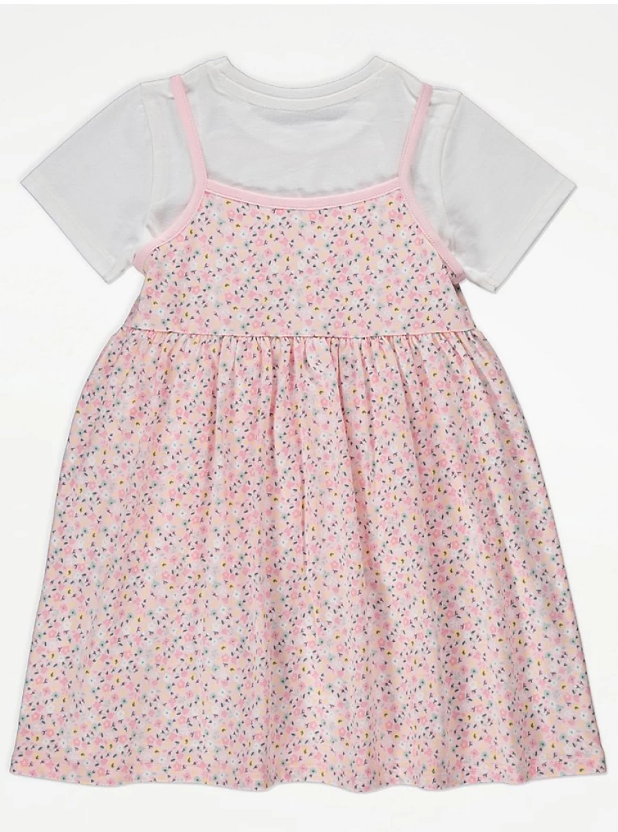 "George at Asda Girls Pink Ditsy Floral Dress and T-Shirt Outfit Set – Kids’ Floral Print Two-Piece Ensemble"