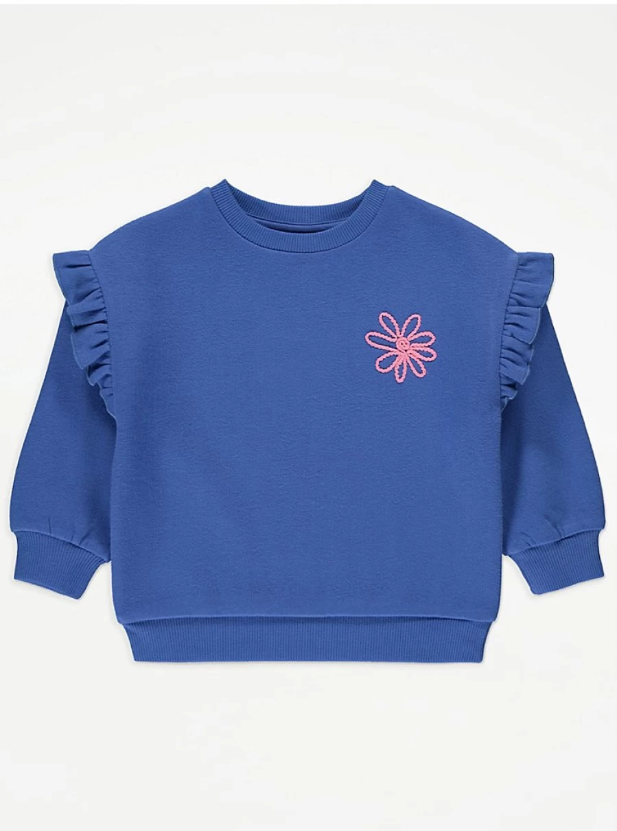 "George at Asda Kids Blue Embroidered Flower Frill Sleeve Sweatshirt | Review & Styles"