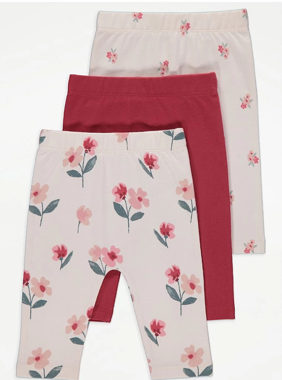 "George at Asda Baby Poppy Floral Leggings 3-Pack | Soft & Stylish Infant Leggings"