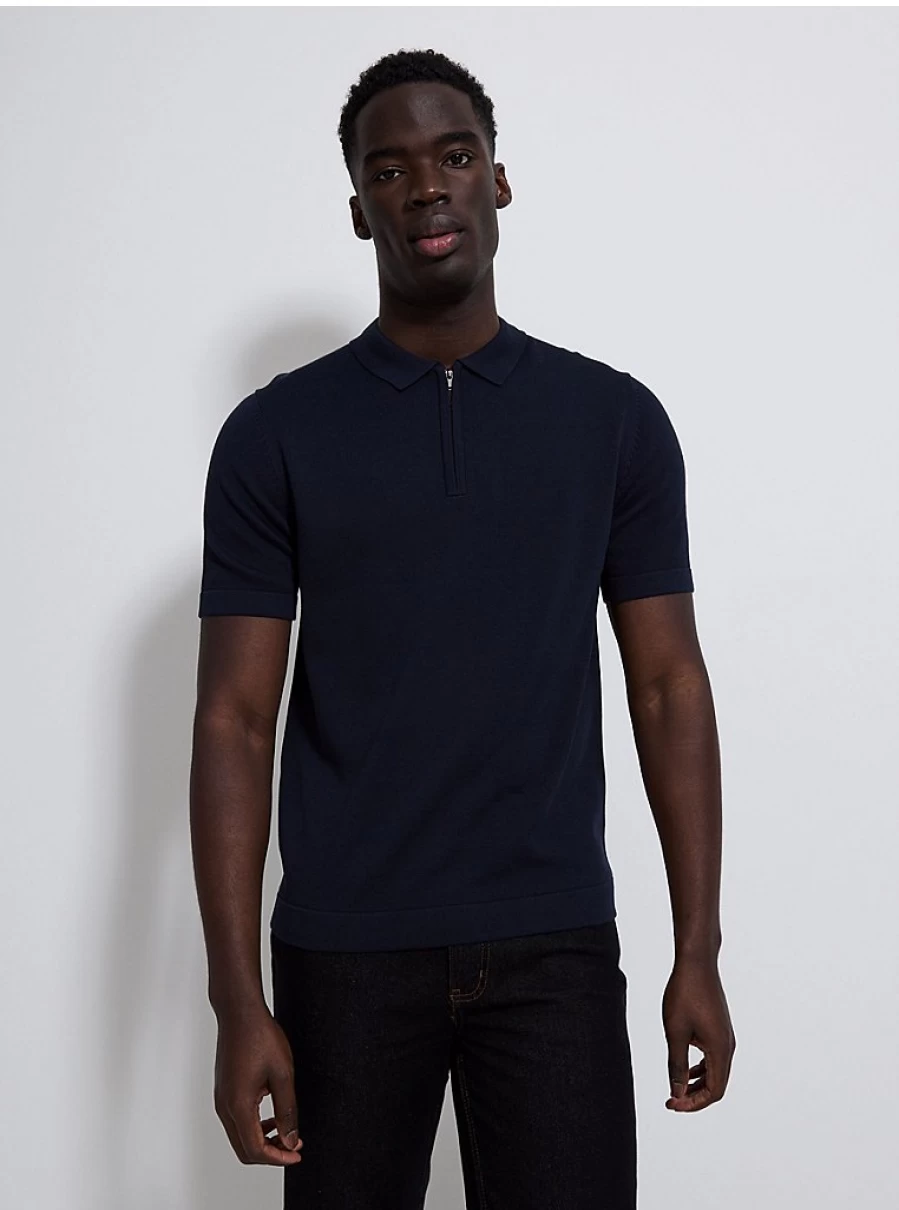 Men's Navy Blue Short Sleeve Zip Neck Knit Polo Shirt | George at ASDA