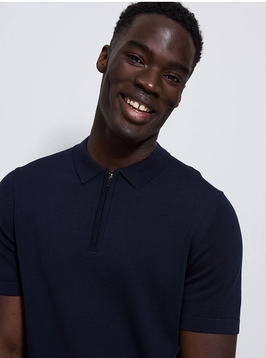 Men's Navy Blue Short Sleeve Zip Neck Knit Polo Shirt | George at ASDA