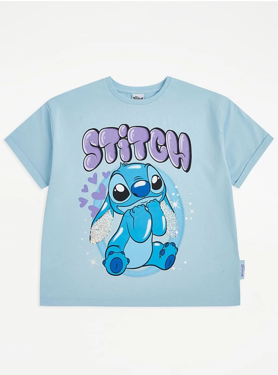 Disney Stitch Kids' Blue Sequin Ear Graphic T-Shirt | George at Asda | Fun Character Tee