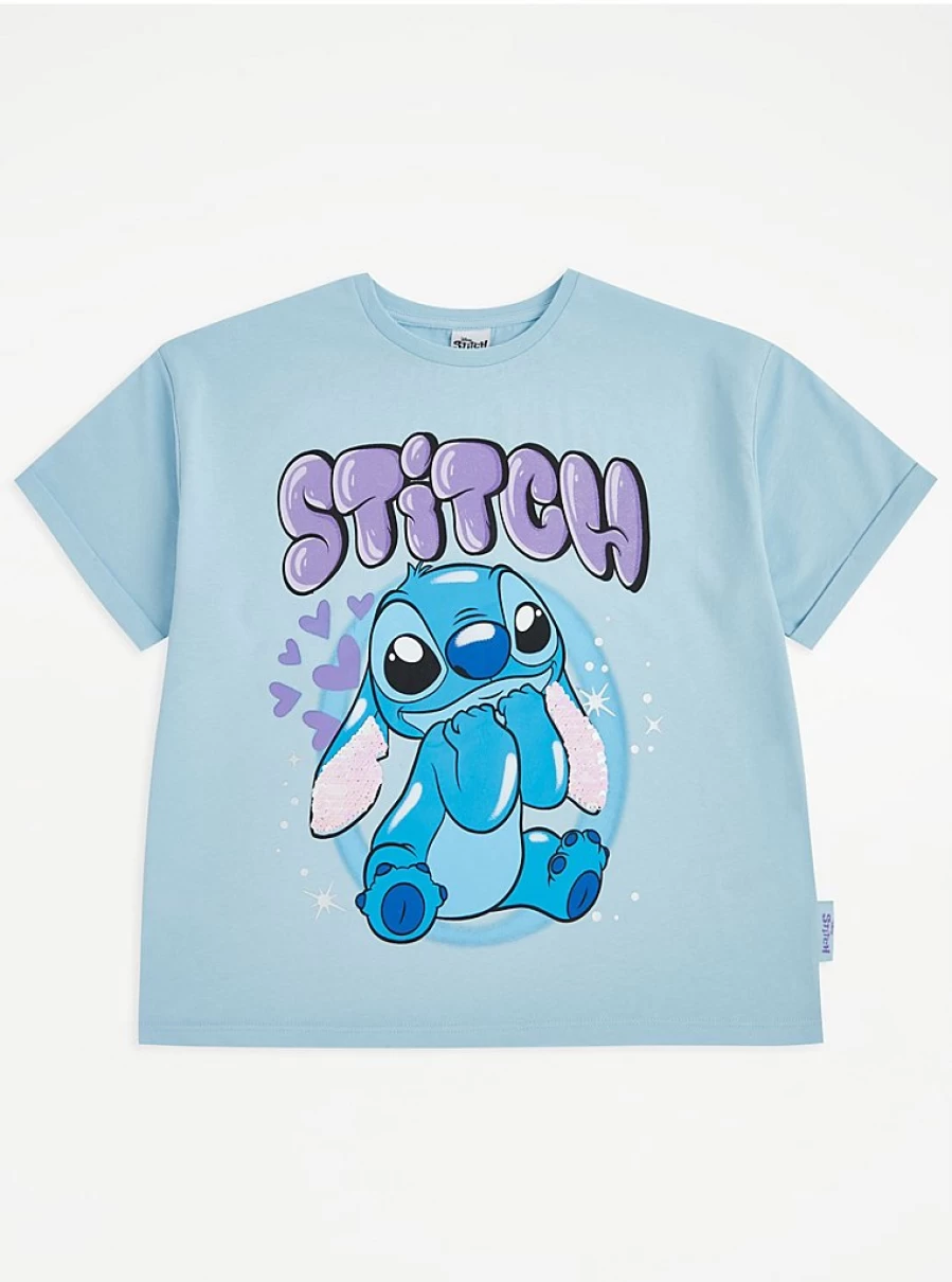 Disney Stitch Kids' Blue Sequin Ear Graphic T-Shirt | George at Asda | Fun Character Tee
