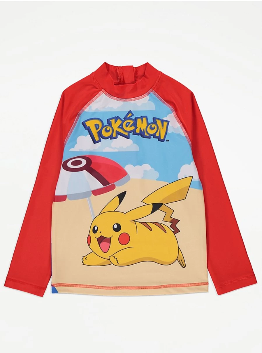 Boys' Pokemon Red Long Sleeve Sun Protective Swim Rash Guard by George at Asda