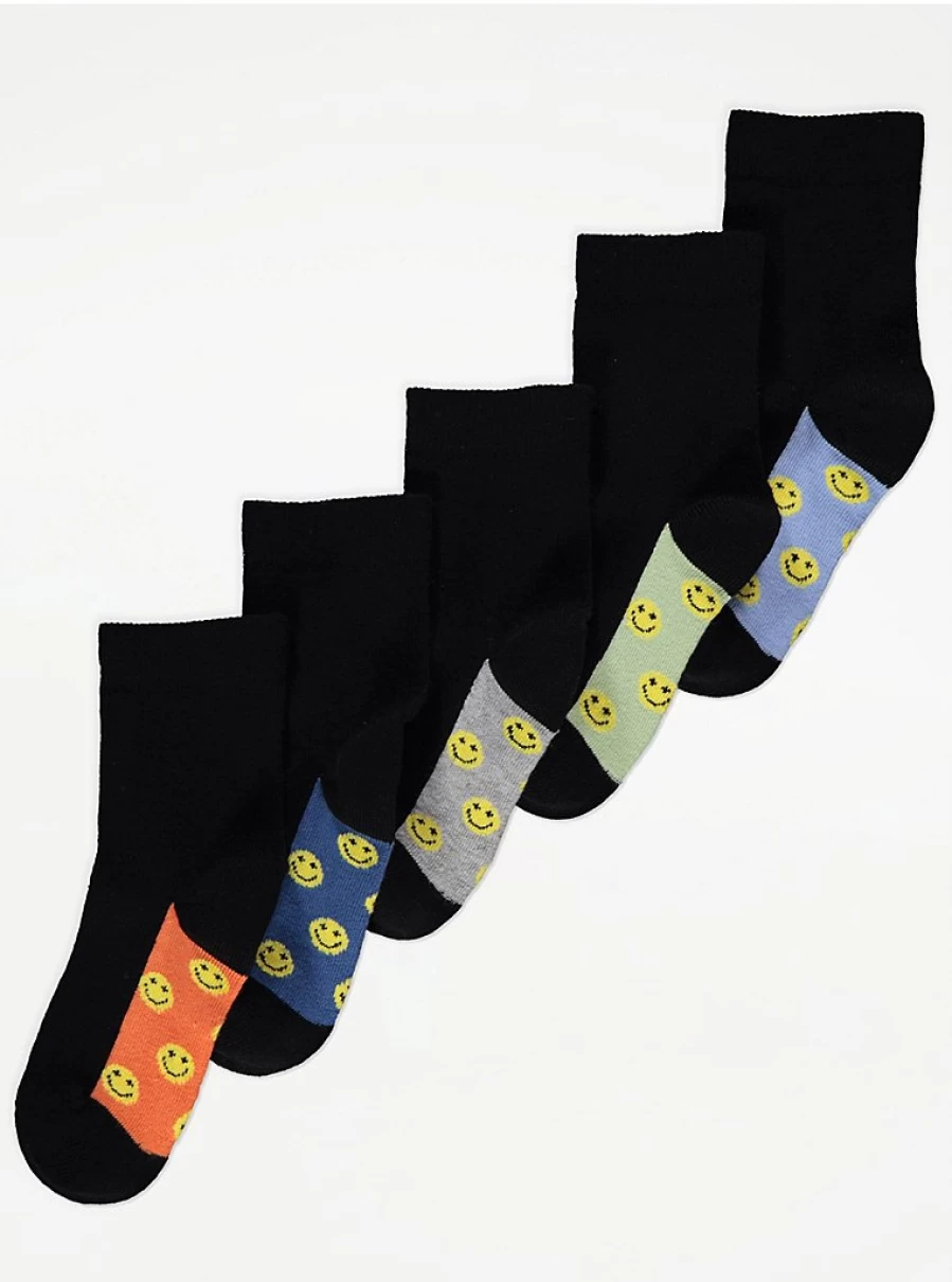 "George at Asda Boys' Black Smiley Face Colour Block Ankle Socks 5-Pack"