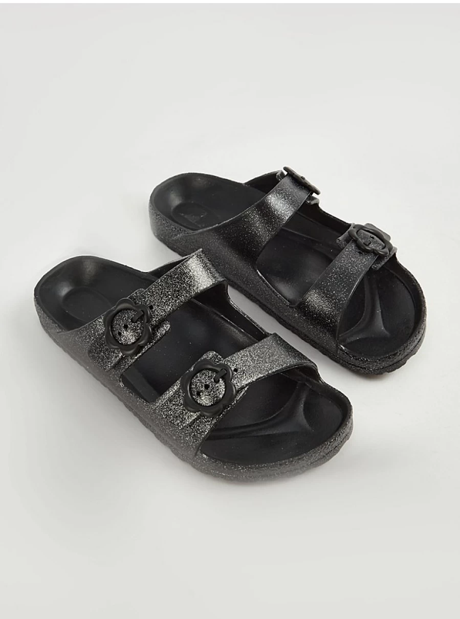 Girls' Black Glitter Double Strap Sliders | George at Asda | Comfortable Kids' Sandals